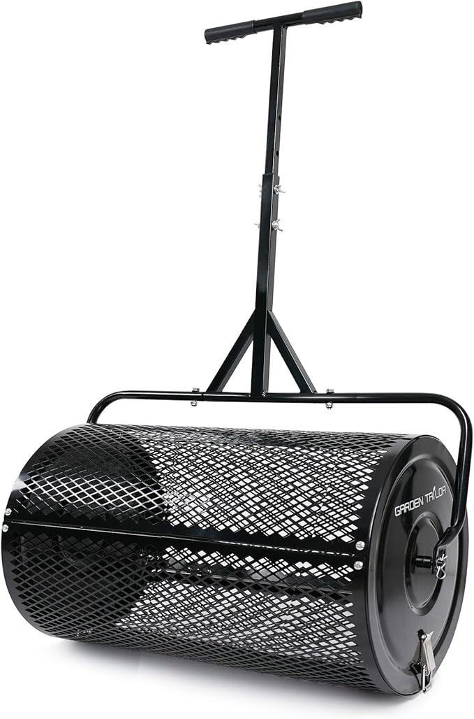 Compost Spreader 30 Inch Peat Moss Spreader with Installation Support Accessories, Metal Mesh Roller Lawn Spreader for Top Soil, Manure, Mulch, Top Dressing - Garden spreaders for lawns