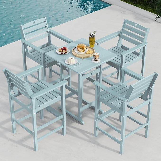 5-Piece Bar Height Outdoor Table and Chairs Set, HDPE Wood Grain Patio Bar Table and Chairs with Heart Cutout Design, Weather-Resistant Bar Height Furniture for Deck, Porch, Pool (Light Blue)