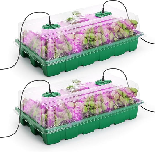 MIXC Seed Starter Tray with Lights, 2 Packs Mini Propagator Plant Grow Kit Greenhouse with Humidity Vented Domes and Base for Seeds Starting, Green