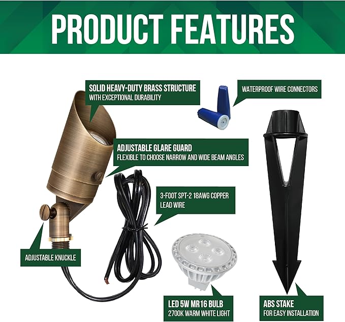 GKOLED 12 Pack Brass Landscape Spotlight, LED Low Voltage Landscape Lighting, Outdoor Adjustable Lights for Yard Wall Lawn Tree Patio Garden, Waterproof Directional Up Light with 5W MR16 Bulb