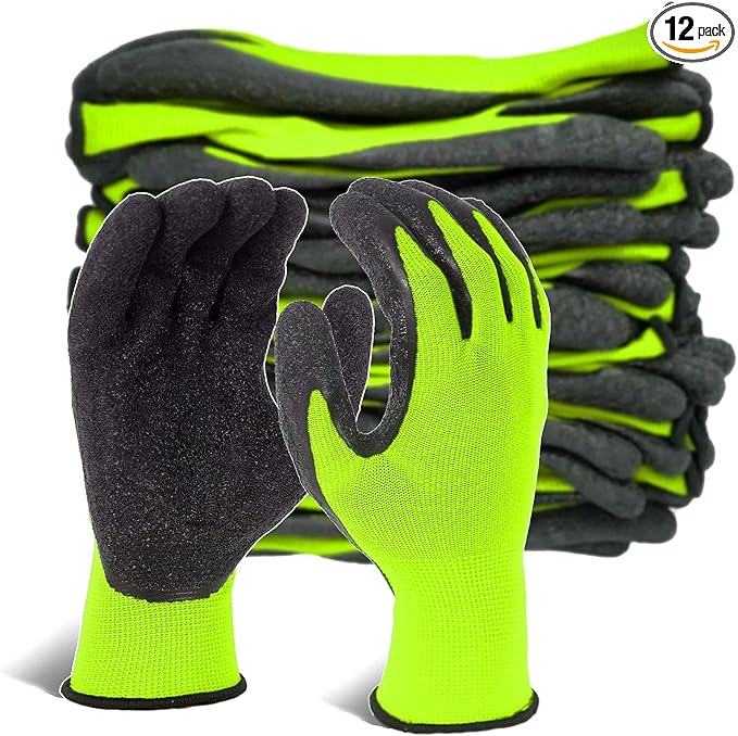 Evridwear Crinkle Latex Rubber Hand Coated Safety Work Gloves for Men Women General Multi Use Construction Warehouse Gardening Assembly Landscaping (9/L, Green- 12Pair)