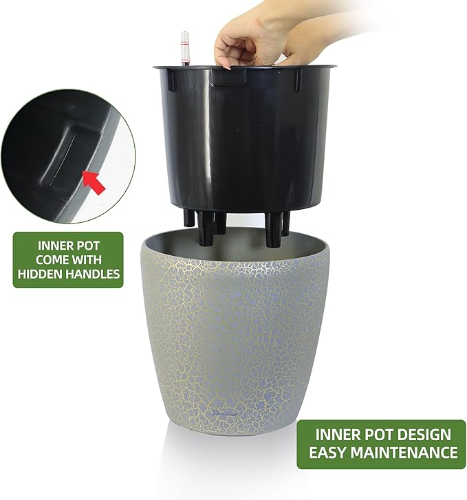 Dexceder 11x10 Inches Self Watering Planter Indoor Outdoor, Inner Pot Design, Thickened Table Flower Plant Pot with Water Level Indicator (Grey Gold Crackle)