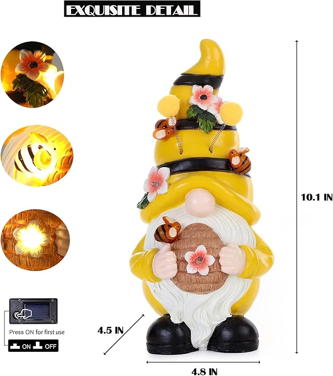 Garden Figurines Gnome Statue Decorations - Solar Resin Spring Bee Gnome Figurine Solar Garden Lights Outdoor Decorations Waterproof for Patio,Yard,Lawn,