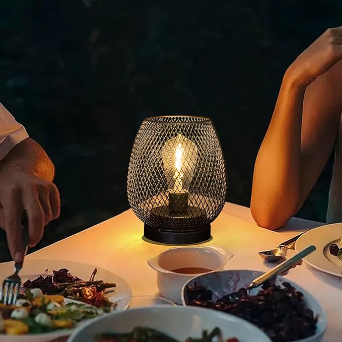 2 Pack Battery Operated Lamp Outdoor Table Lantern,Metal Cage Cordless Lamps with LED Bulb for Weddings Parties Patio Events Indoor Outdoor Patio Bedroom Living Room（Black