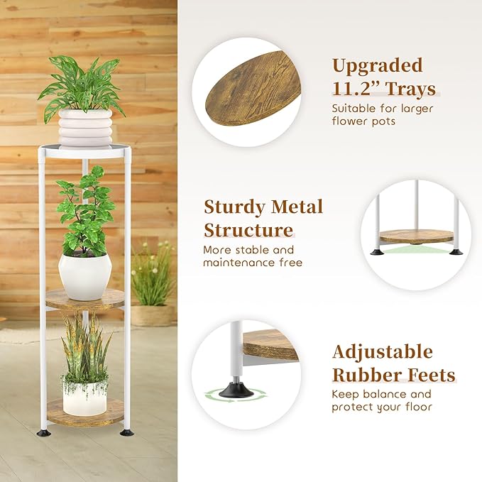 KMOTASUO 3 Tier Tall Plant Stands Indoor, 34 Inch Metal Wood Corner Plant Stand for Indoor Plants, Round Flower Pot Holder Shelf Display Rack for Balcony Garden Patio Living Room(White)