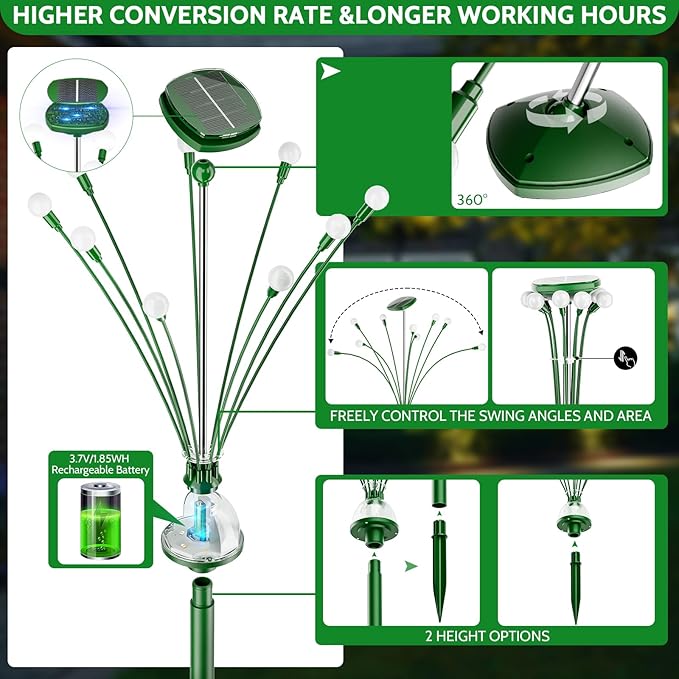 4 Pack High Bright Solar Garden Lights Outdoor, 36 LED Solar Firefly Lights Fairy Swaying Lights by Wind for Outside, IP67 Waterproof, Pathway Lights for Patio Garden Yard Walkway Sidewalk, Green