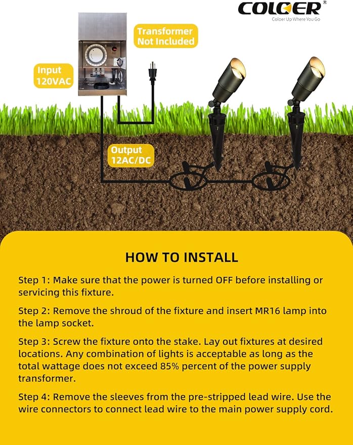 COLOER Brass Landscape Spotlights, 6 Pack Spot Lights Outdoor with 5W Aluminum Housing MR16 LED Bulb 2700K 450LM, 12V AC/DC Low Voltage Outdoor Lighting for Yard, Uplight for Garden and Patio(101B)