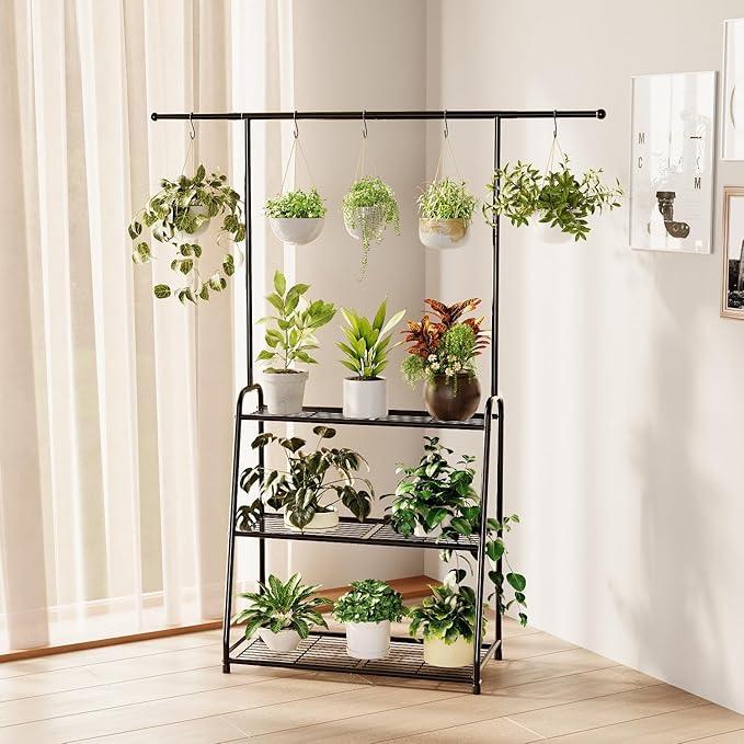 3-Tier Heavy-Duty Metal Plant Stand for Indoor and Outdoor Use, Hanging Plant Shelf for Multiple Flower Planter Holder, Tall Large Rack Ideal for Living Room, Garden, Balcony, Black
