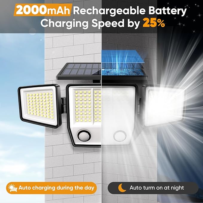 Solar Motion Sensor Outdoor Lights Waterproof - 3000LM 3 Modes Security Lights Outdoor 270° Illumination IP65 LED Solar Flood Wall Light for Garden Yard Patio Pathway