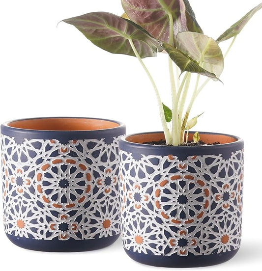 2 Pack Ceramic Flower Pots for Indoor Plants, 5 Inch Boho Plant Pot with Drainage Holes,Modern Planter for Decorative Succulents/Snake Plant/Orchid/Peace Lily/House Plants(Blue)