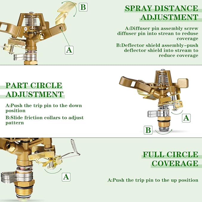 Ferraycle 3 Pieces 1/2 Inch Brass Impact Sprinkler Head with Nozzles Heavy Duty Adjustable 0-360 Degrees Impulse Sprinkler Head Lawn Watering for Yard Irrigation