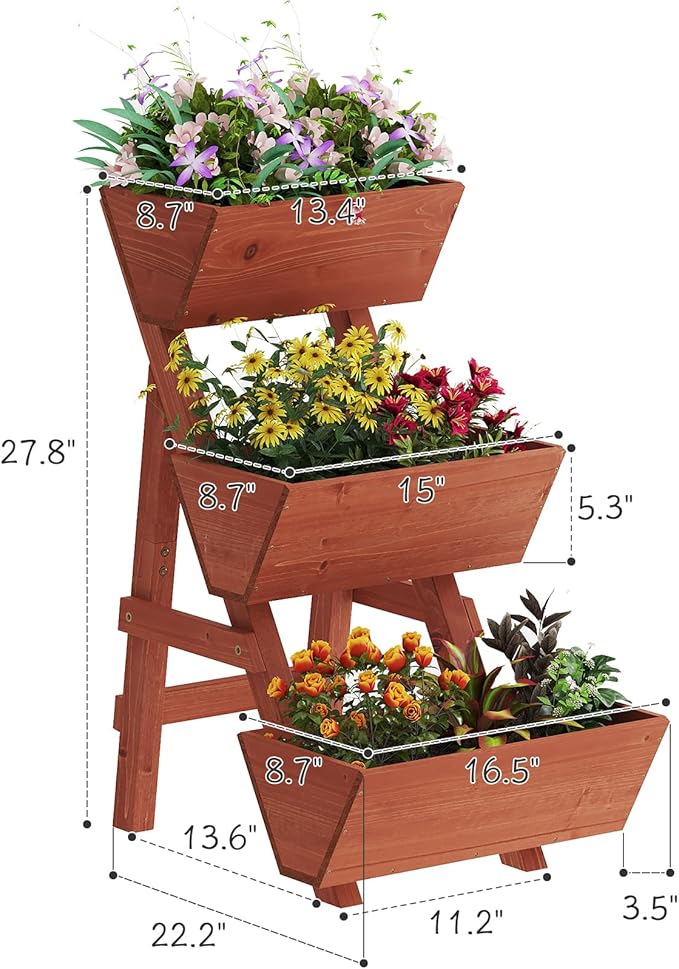 3-Tiers Wooden Raised Garden Bed,Wood Planter Box for Vegetable,Flower Rack,Flower Pot Stands,Indoor Outdoor Gardening Planting Beds (Brick red, Small)