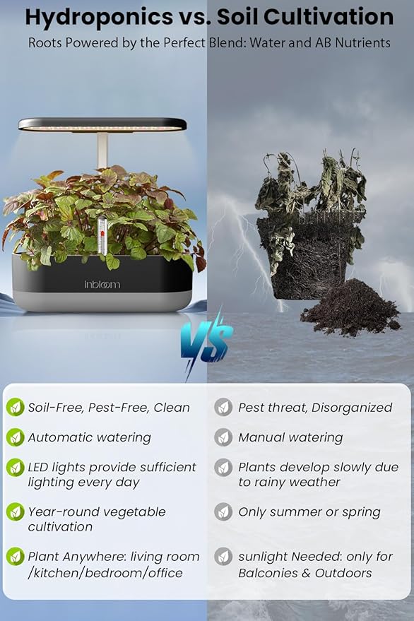 inbloom 12 Pods Hydroponics Growing System Kit, Herb Garden Planter Indoor Kit, Indoor Gardening Hydroponics Growing System with Pods, 4.2L Water Pump, Height Adjustable, Gifts for Woman, Black