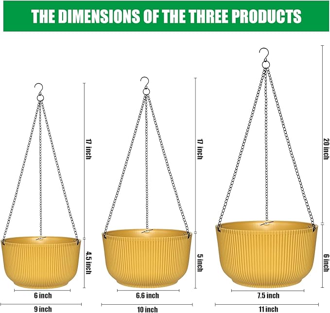 Hanging Planters for Indoor Plants, 3 Pack Hanging Baskets for Plants, Self Watering Plant Hanger for Indoor Plants, Round Hanging Plant Pot with Drainage Holes and Chains, Yellow