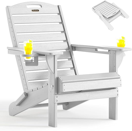 Folding Adirondack Chair HDPE All-Weather Adirondack Chairs with Cup Holder, Outdoor Fire Pit Chairs Lawn Chair for Deck Patio Garden (White)