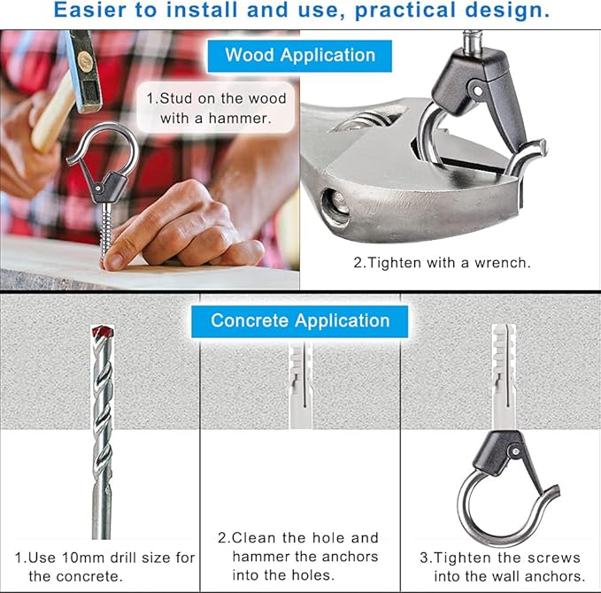 BeneLabel 4Pcs Wall Mount Ceiling Plant Hanger Hooks, Outdoor Hanging Brackets for Hanging Plant Light Outdoor Wire Fairy Lights Wind Chimes Bird Feeders, Safety Buckle Design, 3 1/4"