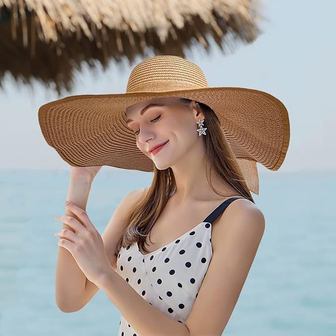 Floppy Big Beach Straw Hats for Women Foldable Summer Wide Brim Packable Sun Hat Womens Travel Straw Fedora Hat