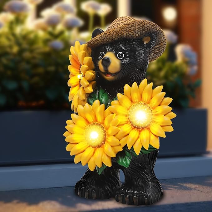 Bear Statue with Sunflowers LED Light 7.2" Solar Lamp Outdoor Garden Patio Yard Porch Lawn Decor Waterproof Resin Black Bear Figurine Unique Garden Gifts for Women Mom Grandma Sister