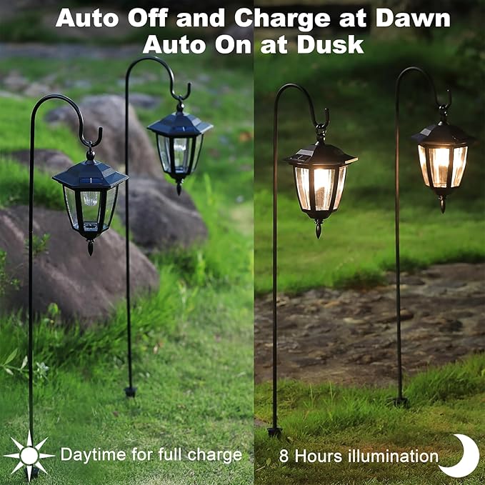 Dynaming 4 Pack Solar Hanging Lights Outdoor, Solar Powered Garden Decorative Lanterns with 4 x 38 Inch Shepherd Hooks, Waterproof Landscape Lighting for Lawn Patio Yard Pathway Driveway, Warm White