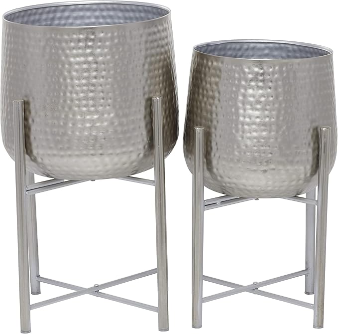 CosmoLiving by Cosmopolitan Metal Indoor Outdoor Planter Hammered Large Planter Pot with X-Shaped Stands, Set of 2 Planters 19", 16"H, Silver