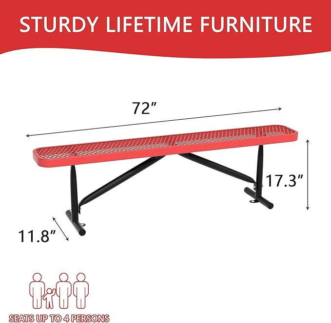 6 Feet Heavy Duty Metal Park Bench for Outside, Outdoor Bench with Portable Frame, Commercial Benches for Shopping Mall, Store, Park, Patio, Deck, Red