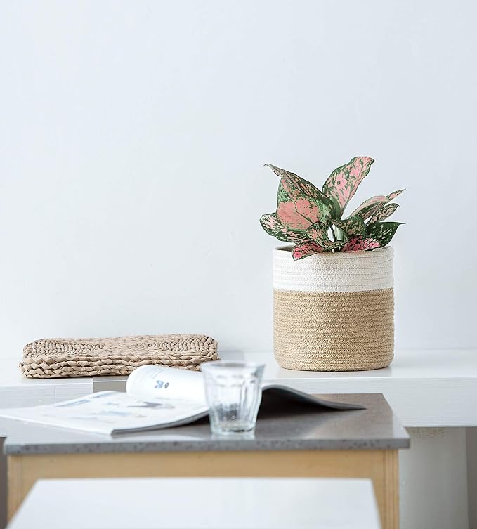 Dahey Small Cotton Rope Plant Basket Woven Plant Coiled Basket for Up to 7" Planter, Decorative Flower Pot Cover Closet Storage Bin Table Desk Organizer for Home Decor, White and Beige