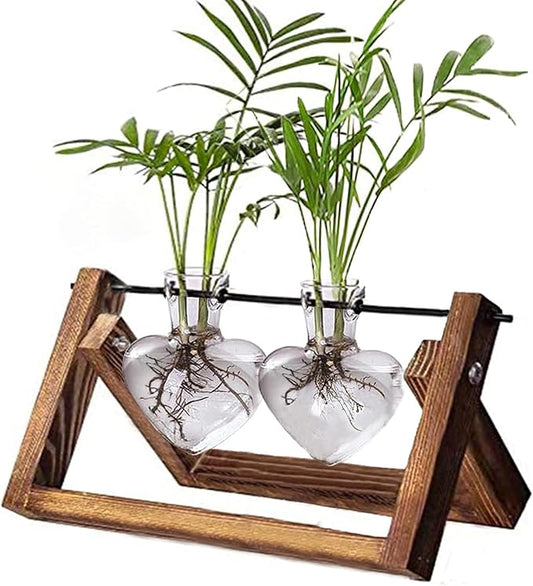 Kingbuy Glass Desktop Planter with Retro Wooden Stand and Plant Terrarium Vase (2 Hearts) for Indoor Home Office Desk Decor Accessories