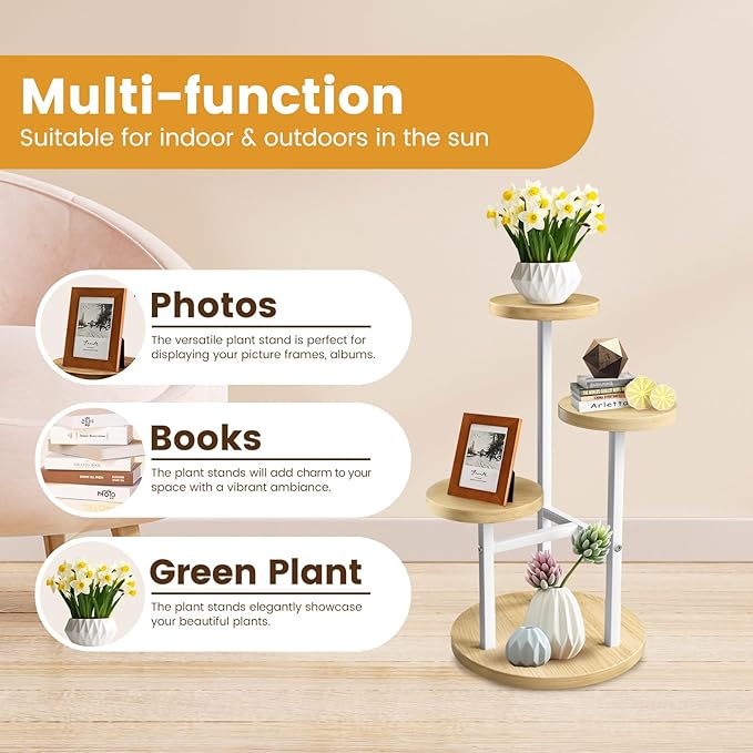 GEEBOBO 3 Tier Plant Stand Indoor, Metal Wood Plant Stands For Indoor Plants Multiple, Corner Tiered Flower Plants Shelf Stand for Living Room Bedroom, White