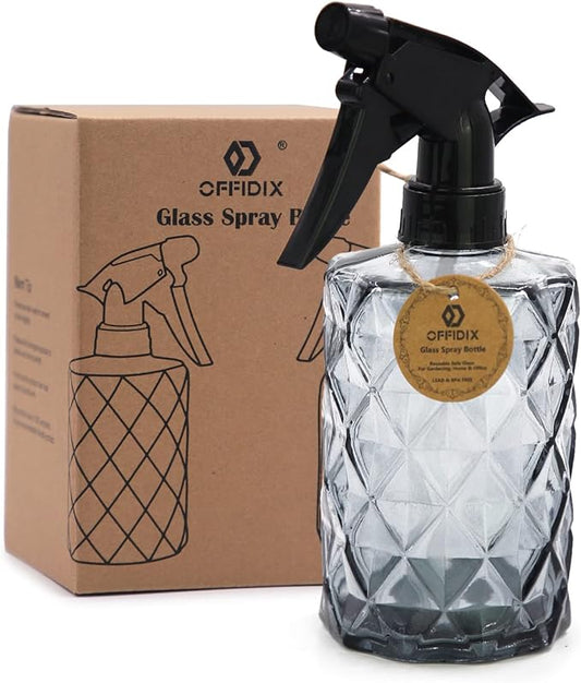 OFFIDIX Glass Spray Bottle,Plant Mister, 0.35L/11.8oz Pressure Watering Can with Adjustable Nozzle Watering Handheld Bottles for Garden Plants Cleaning Solutions(Gray