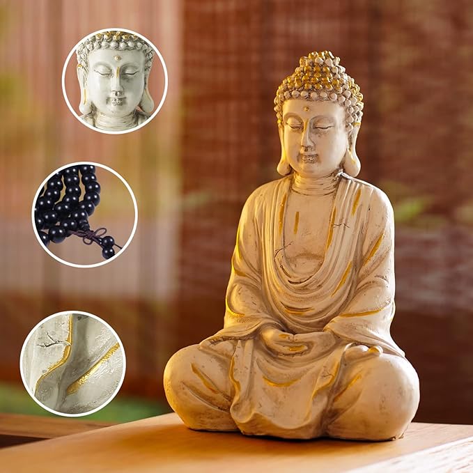 Goodeco 11.4 Meditating Zen Buddha Statue Figurine Sculpture - Indoor/Outdoor Decor for Home,Garden,with Natural Wood Beaded Necklace,Polyresin (White)