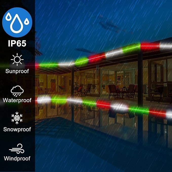 Christmas Rope Lights Outdoor, 50Ft 600 LED Red White Green String Light, Waterproof Tube Light Plug in 8 Modes Timer Memory, Permanent Christmas Lights for Tree Fence Garden Party Decorations