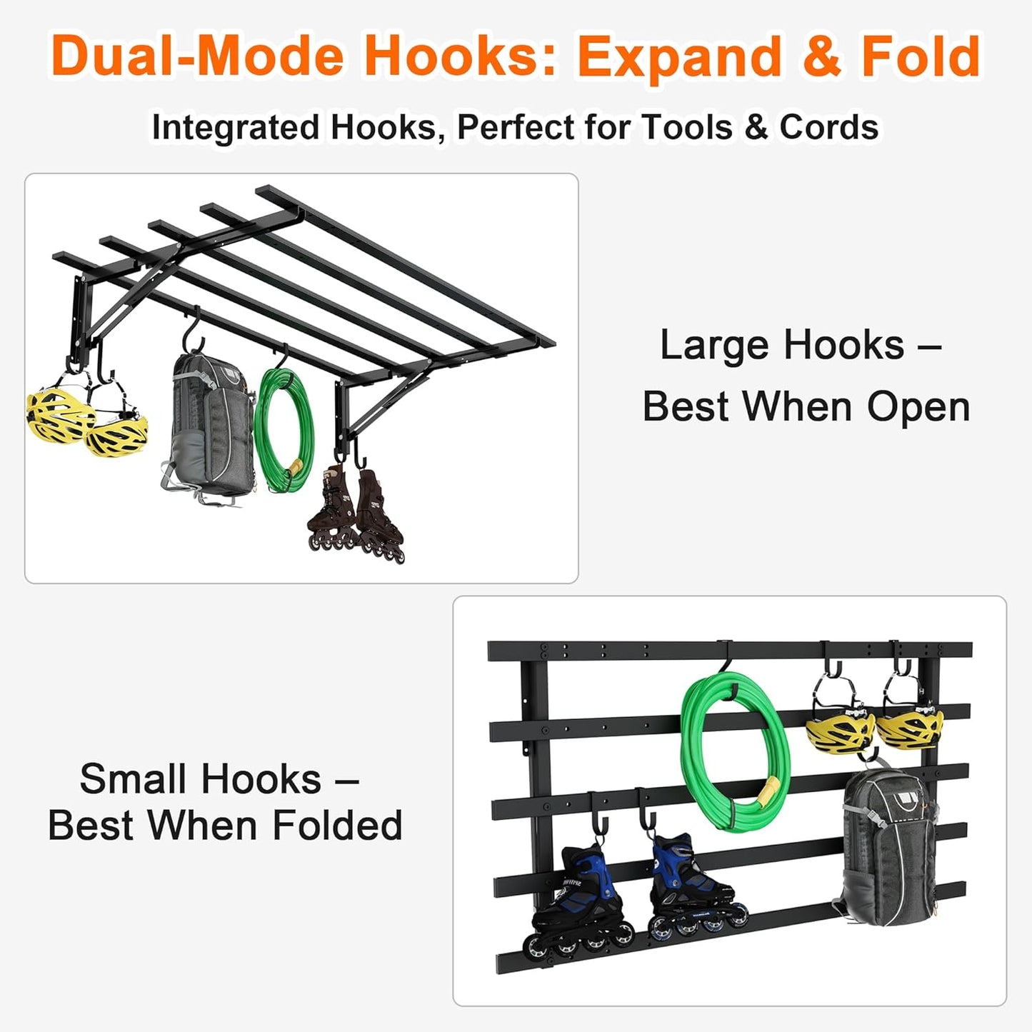 2-Pack Garage Storage System Shelves 3.21x1.64 ft - Industrial Hanging Shelf Wall Mount Kit with Hooks, Folding Garage Wall Shelves, Durable Metal Floating Shelf, Black Shelves Wall Mounted Setup