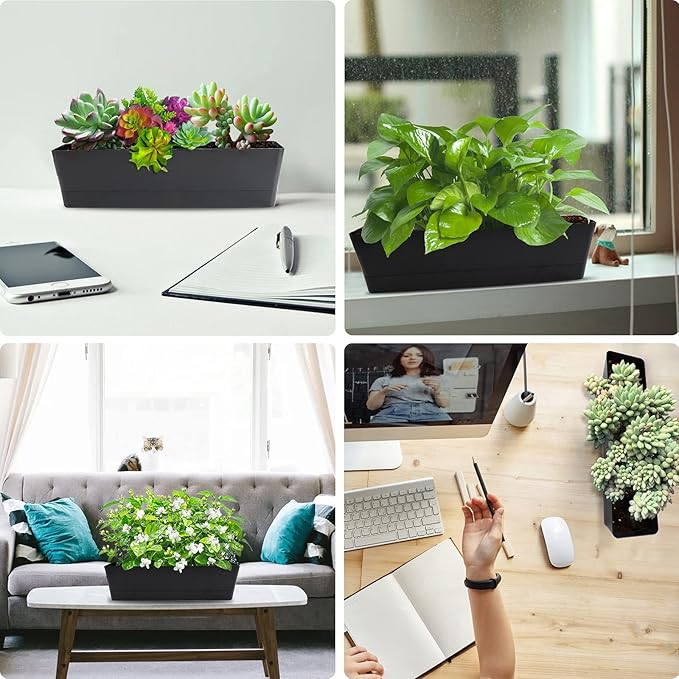 GREANER Rectangle Window Boxes, 6PCS 16x3.8 Inch Black Herb Planters with RemovableTray and Drainage Hole, Succulent Flowers Plastic Pot for Balcony, Office, Windowsill, Garden, Outdoor Decoration Use