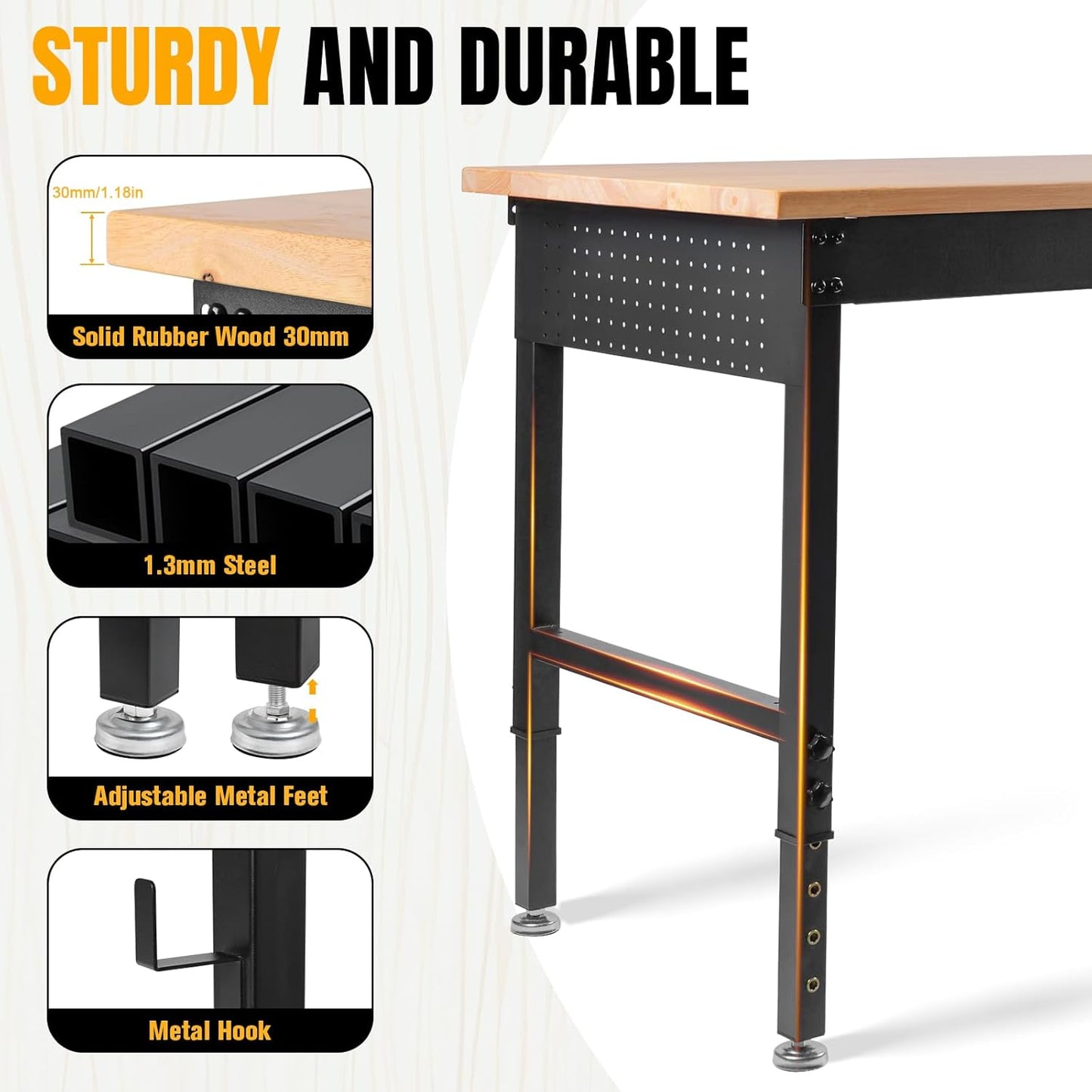 Adjustable Height Workbench, Heavy Duty Table Rubber Wood Workstation with Power Outlet & Pegboard for Garage, Office, Workshop, Home,Commercial (48"×24")