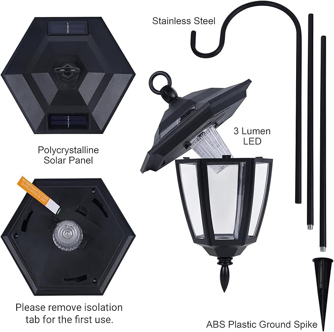 Dynaming 6 Pack Solar Hanging Lights Outdoor, Solar Powered Garden Decorative Lanterns with 6 x 38 Inch Shepherd Hooks, Waterproof Landscape Lighting for Lawn Patio Yard Pathway Driveway, Warm White