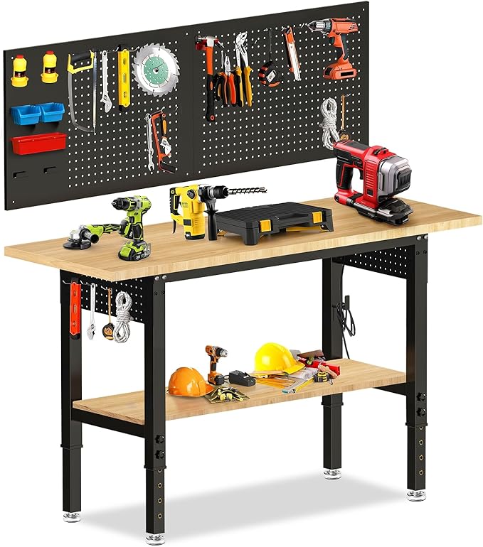 Adjustable Height Workbench, Heavy Duty Table Rubber Wood Workstation with Power Outlet & Pegboard for Garage, Office, Workshop, Home,Commercial (60"×22"|Shelf)