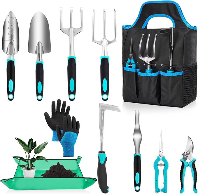 Garden Tool Set with Non Slip Rubber Grip,11 Piece Stainless Steel Gardening Tool Sets,Thickened Repotting Mat & Storage Tote Bag,Heavy Duty Outdoor Hand Tools Uprooting Weeding Tool, Ideal Gifts Blue