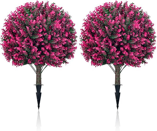 Artificial Topiary Tree with Pink Eucalyptus, Set of 2-17in UV Resistant Fake Evergreen Tree for Porch, Outdoor Artificial Plants for Planters - Ground Spike Included FZHCZWZX