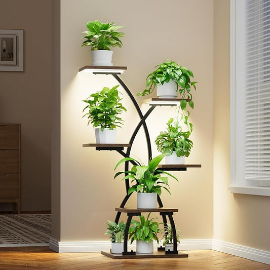 JUSTOGO Plant Stand Indoor with Grow Lights - 6 Tiered Plant Shelf Indoor, 36“ Corner Shelves for Plants Multiple, Metal Curved Flower Holder Display Rack for Patio, Balcony, Home Decor
