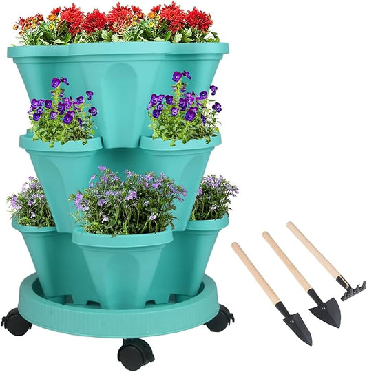 Vertical Planter 3 Tier Stackable Planters Garden Planters Strawberry Herb Flower and Vegetable Planter Indoor Outdoor Gardening Pots with Removable Wheels and Tools