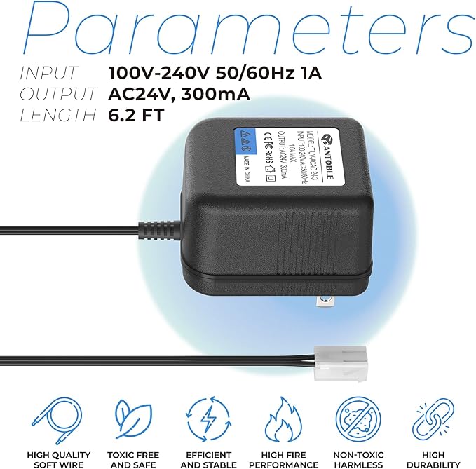 ANTOBLE Sprinkler System Power Supply Transformer 24V 300mA Irrigation Timers System Power Cord Replacement Part AC Adapter Charger Indoor Sprinkler Controller Irrigation System Accessories