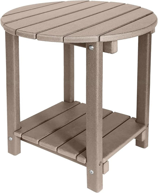Adirondack Round Outdoor Side Table 2-Tier Storage Patio Side Table, HDPE End Tables for Backyard Pool Porch Garden Lawn (Teak)