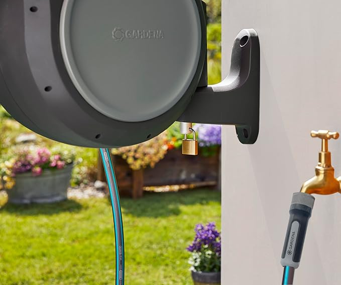 GARDENA 20505, 100' Retractable Garden Hose Reel with US Hose Threads - 100' x 1/2" hose, Automatic Retraction & Length Lock for Easy Watering. Heavy Duty Swivel Bracket 180°, Includes Nozzle.