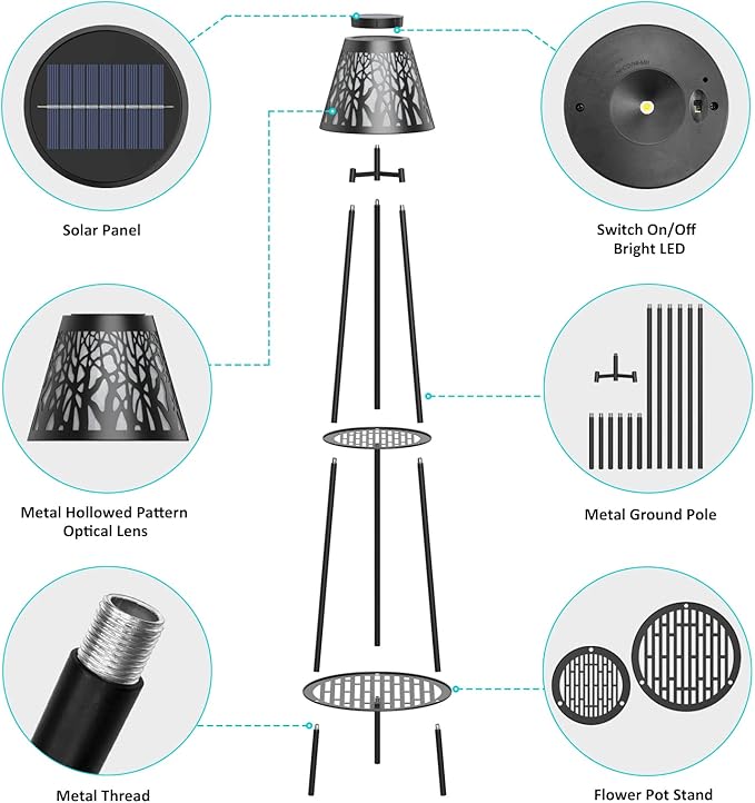 2 Pack Metal Solar Floor Lights Outdoor with Plant Stands, 45.5'' Solar Powered Street Lights, for Garden Yard Pathway Driveway Porch