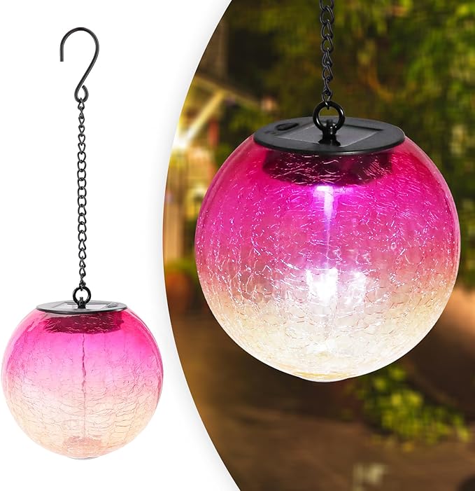 Hanging Solar Lights Outdoor Solar Lanterns Outdoor Decorative Cracked Glass Ball Lights Solar Powered Waterproof LED Globe Lantern for Outdoor Porch Patio Garden Decor Gift Red
