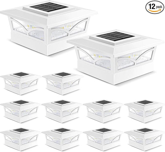 NIORSUN Solar Post Cap Lights Outdoor, 2 Modes LED, Deck Fence Post Solar Lights for 3.5x3.5 4x4 5x5 Post Caps Patio Garden Decoration, Solar Post Lights Warm White/Cool White Lighting White 12 Pack