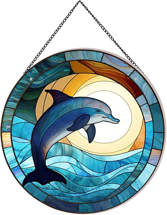 Dolphin Pattern Suncatcher Stained Glass,Hanging Stained Glass for Windows,20cm/7.87inch Hand-Painted Sun Catcher Garden Hangings Painted Glass Panel Decor Themed Gift