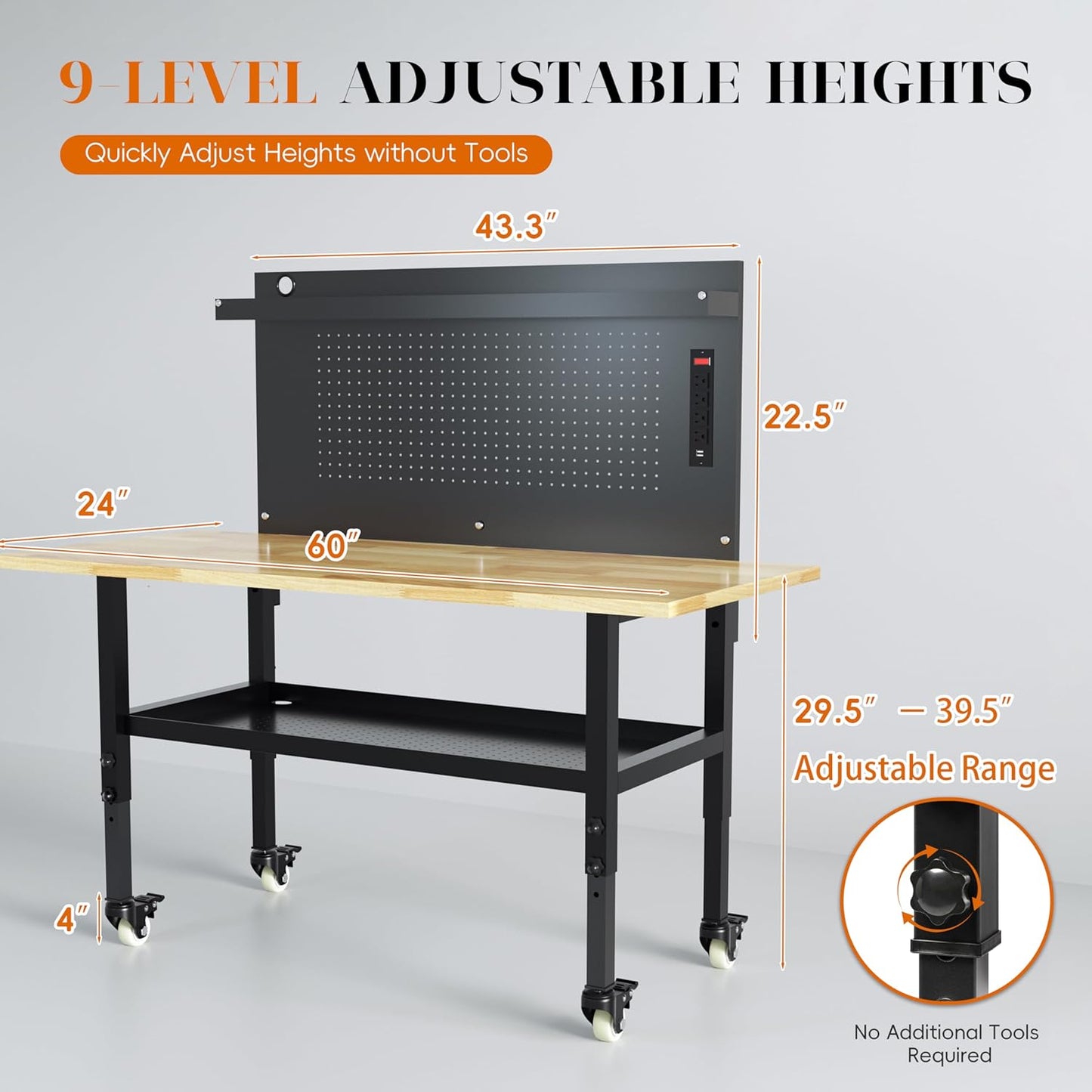 60" Heavy Duty Adjustable Workbench with Large Pegboard& Partition, Adjustable Work Table with Power Outlets & Lockable Wheels, Rubber Wood Workstation for Garage, Workshop, Office, Home, Commercial
