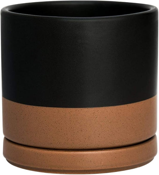 D'vine Dev Ceramic Planter Pot with Drainage Hole and Saucer, Indoor Cylinder Round Flower Pot, 4.6 Inch, Black/Speckled Tan, 94-O-B-7