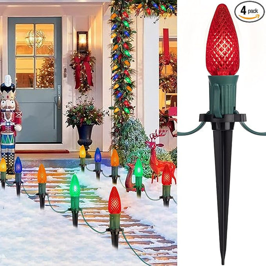 C9 Christmas Pathway Lights Outdoor, 25.7 Feet 20 LED C9 Strawberry Walkway Lights with Marker Stakes, Connectable Shatterproof C9 String Lights for Outside Yard Decorations, Multicolored, 4 Pack